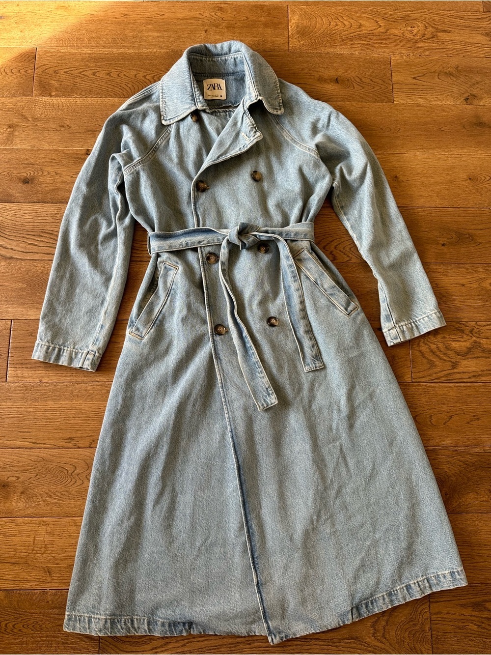 Zara Denim Long Trench Coat Sz S 100% Cotton - Picture 5 of 12